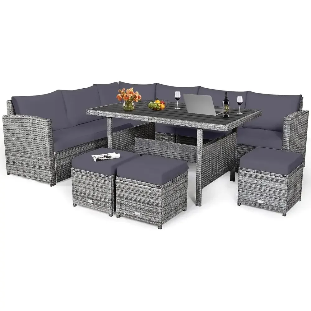 Outdoor Furniture Dining Set - 그레이 7피스 라탄 파티오 가구 세트(쿠션