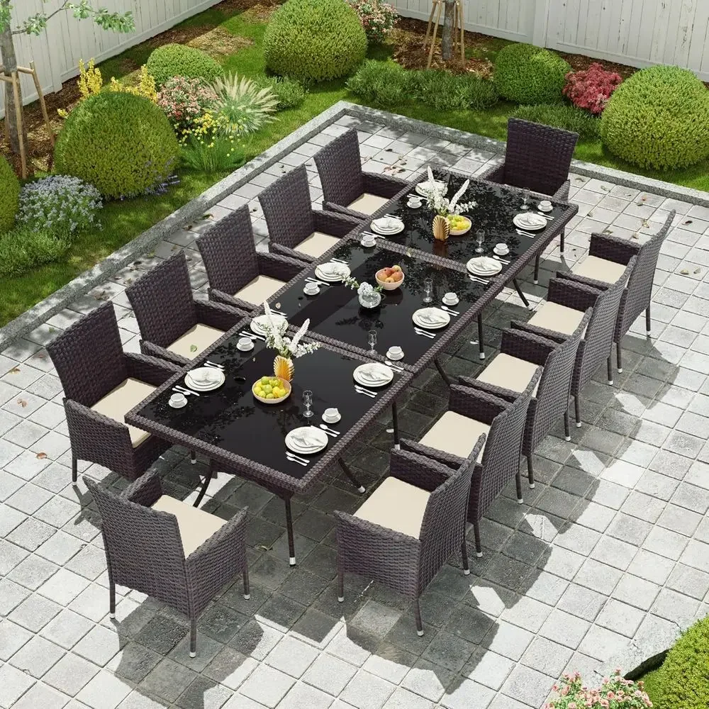 Outdoor Furniture Dining Set - 라탄 가구, 사각 유리 테이블, 쿠션