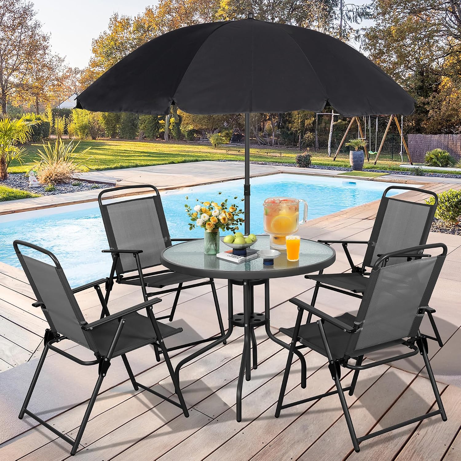 금속 파티오 식탁 세트, 접이식 의자 및 강화 유리 테 - Outdoor Furniture Dining Set 리뷰 및 가격