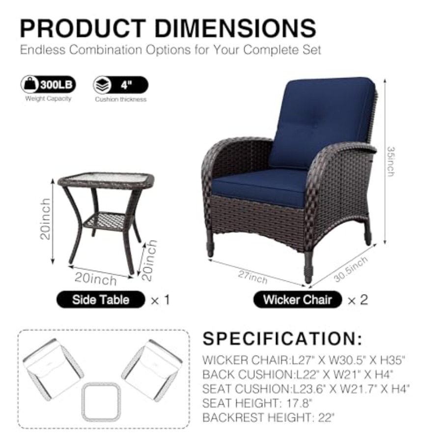 위커 파티오 의자, 3개 세트 라탄 야외 가구, 두꺼운 - Outdoor Furniture Cushion 리뷰 및 가격