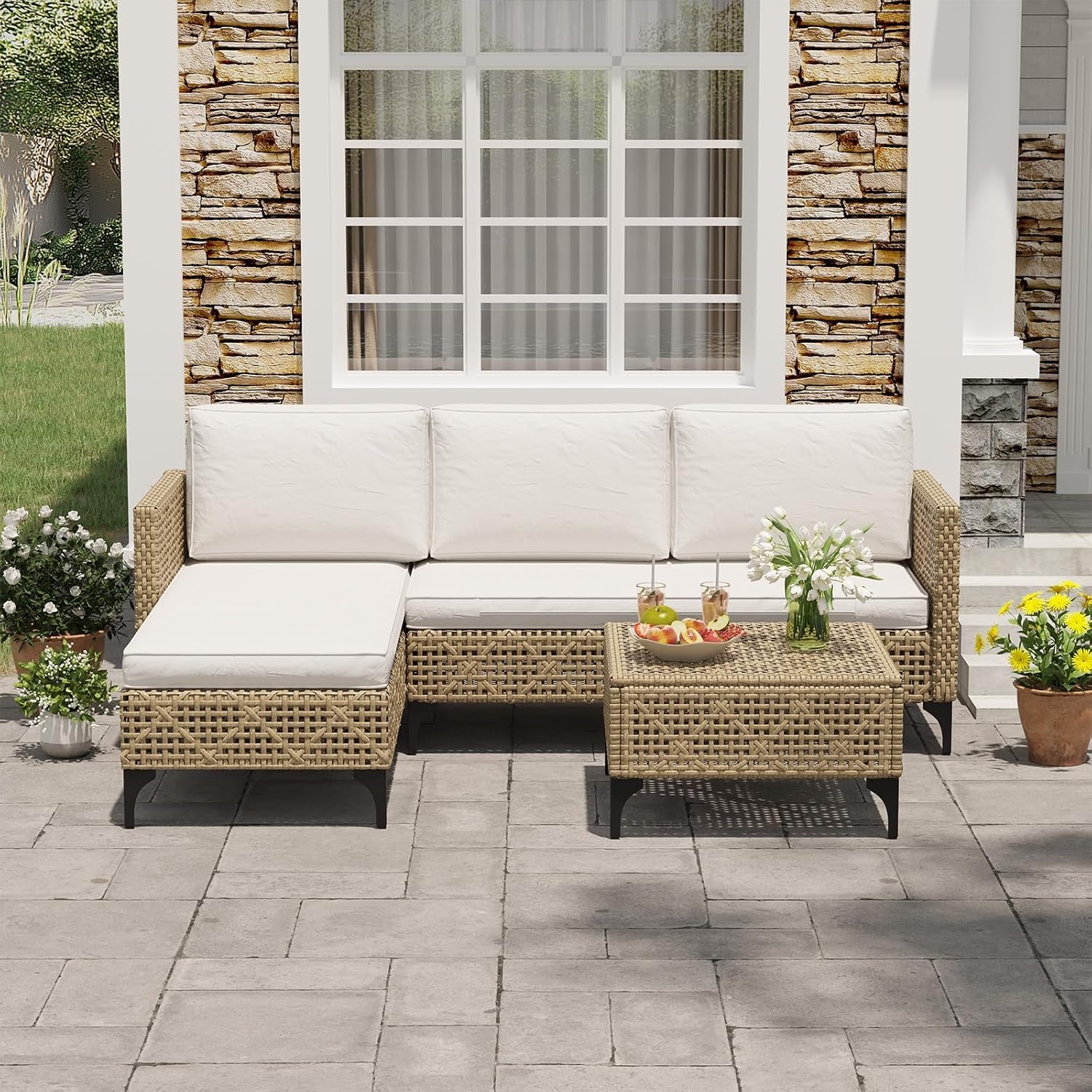 3피스 위커 파티오 소파 세트(쿠션 및 커피 테이블 포 - Outdoor Furniture Rattan 리뷰 및 가격