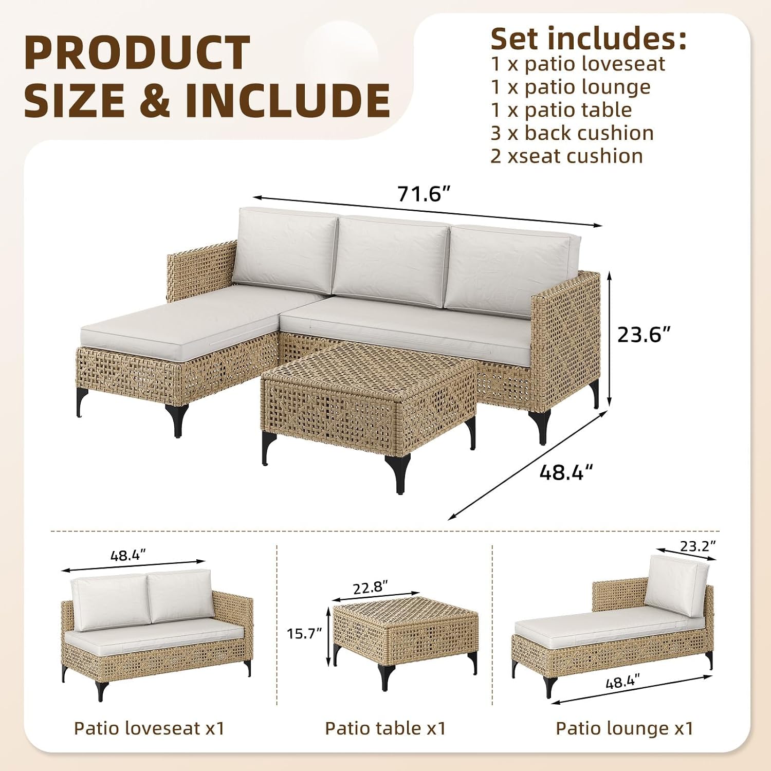 3피스 위커 파티오 소파 세트(쿠션 및 커피 테이블 포 - Outdoor Furniture Rattan 리뷰 및 가격